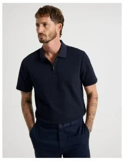 Basque Zip Neck Self Stripe Polo in Navy