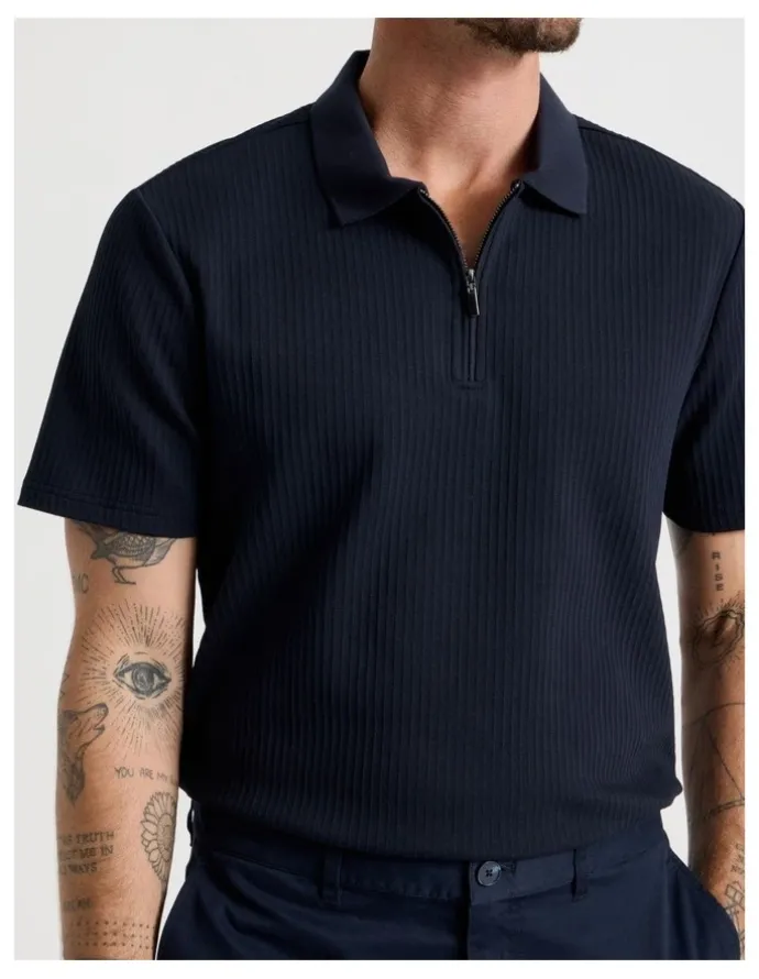 Basque Zip Neck Self Stripe Polo in Navy