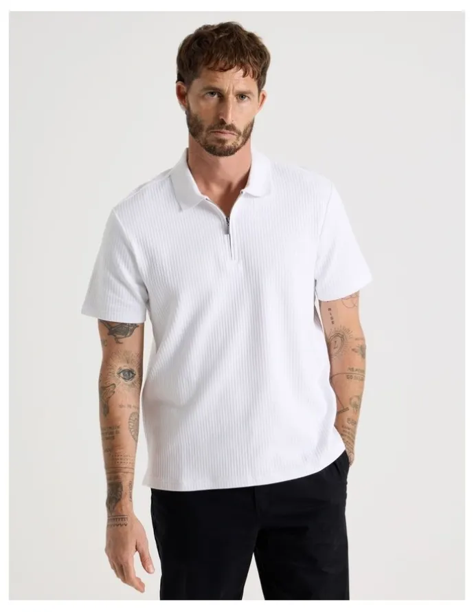 Basque Zip Neck Self Stripe Polo in White