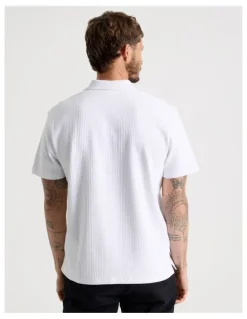 Basque Zip Neck Self Stripe Polo in White