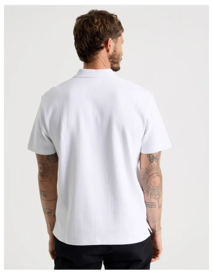 Basque Zip Neck Self Stripe Polo in White