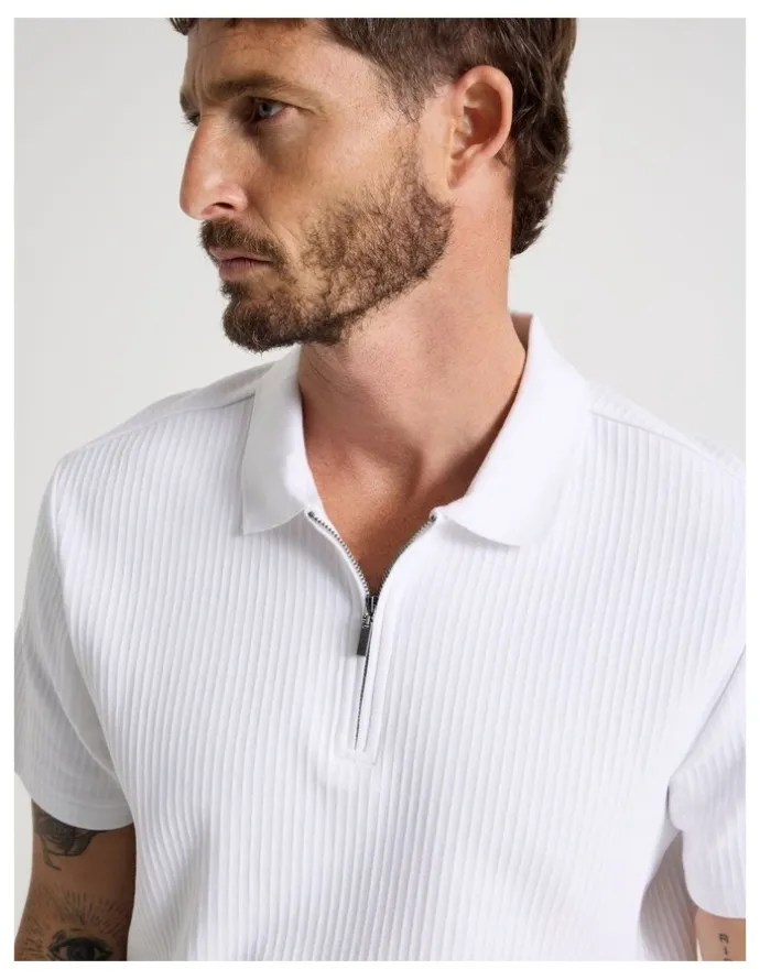 Basque Zip Neck Self Stripe Polo in White