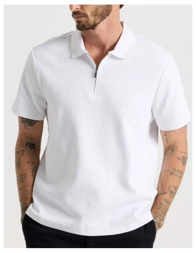 Basque Zip Neck Self Stripe Polo in White
