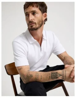 Basque Zip Neck Self Stripe Polo in White