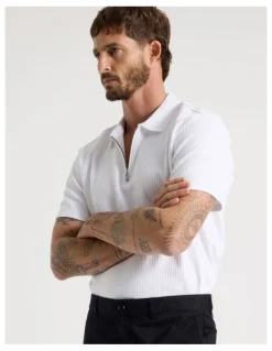 Basque Zip Neck Self Stripe Polo in White