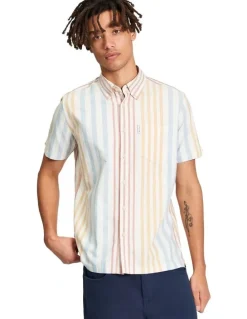Ben Sherman Multicolour Oxford Stripe Short Sleeve Shirt in Ivory