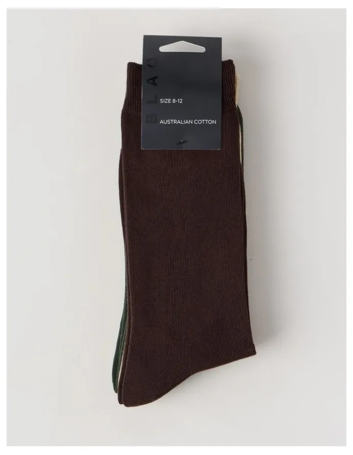 Blaq 3 Pack Australian Cotton Plain Socks in Dark Chocolate, Soft Sand, and Khaki