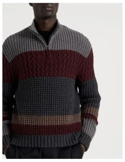 Blaq Block Striped 1/4 Zip Knit in Burgundy