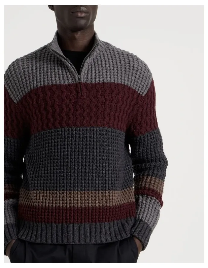 Blaq Block Striped 1/4 Zip Knit in Burgundy