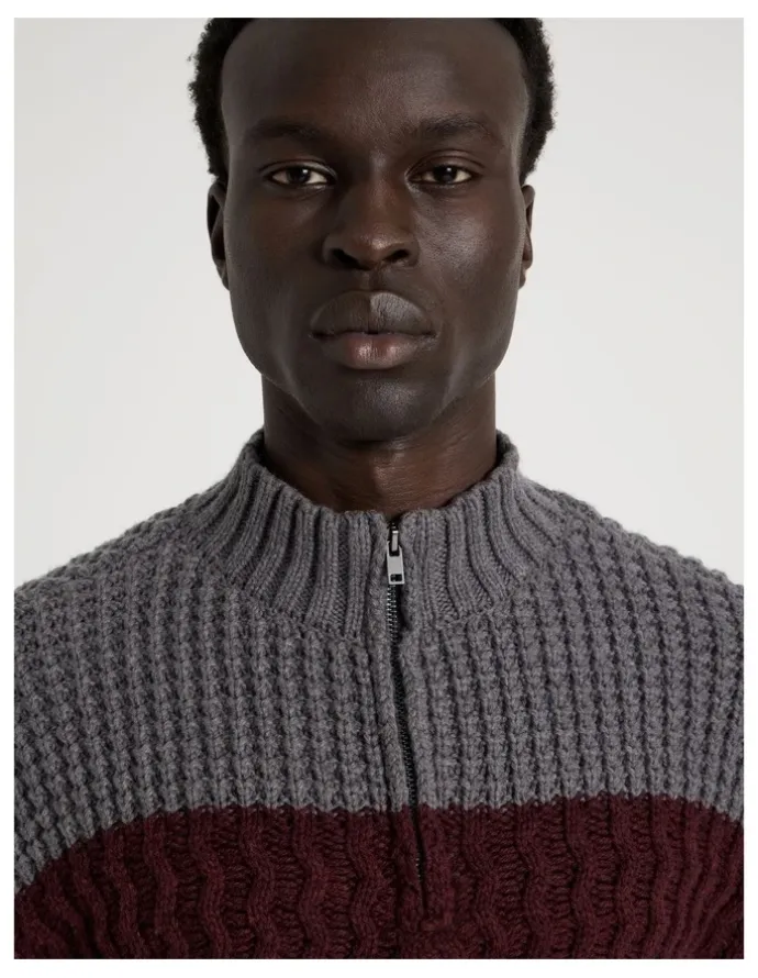 Blaq Block Striped 1/4 Zip Knit in Burgundy