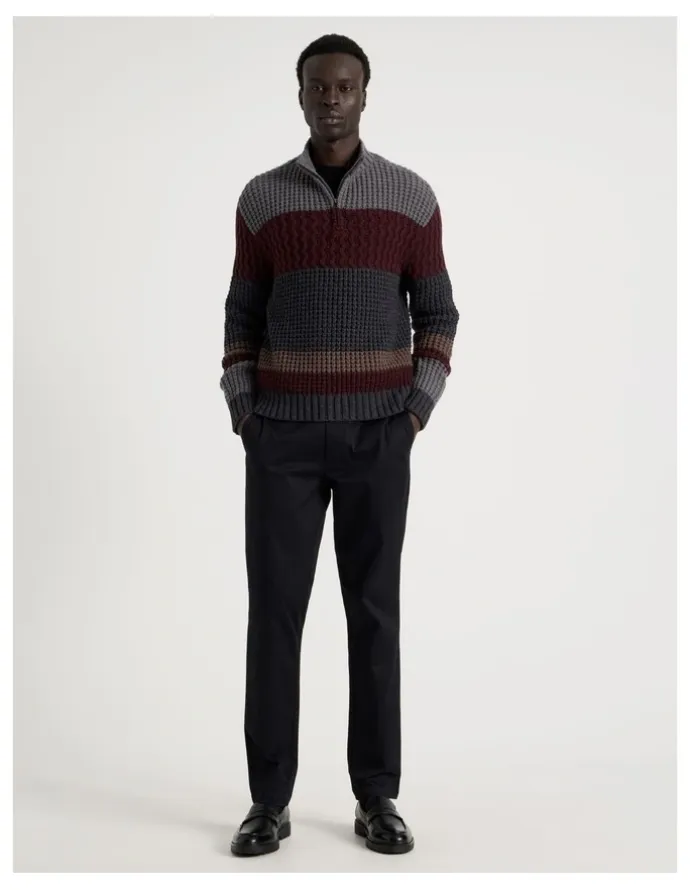 Blaq Block Striped 1/4 Zip Knit in Burgundy