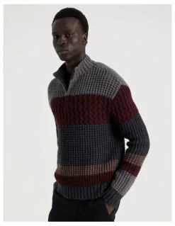 Blaq Block Striped 1/4 Zip Knit in Burgundy