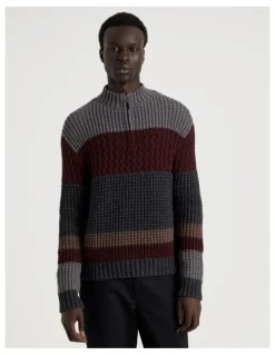 Blaq Block Striped 1/4 Zip Knit in Burgundy