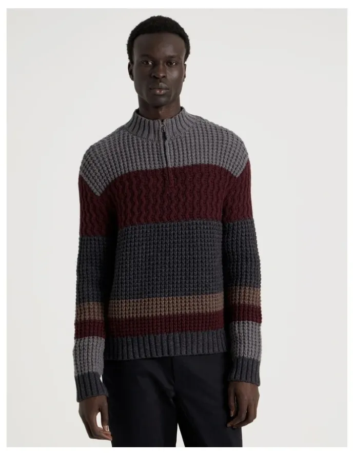 Blaq Block Striped 1/4 Zip Knit in Burgundy