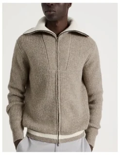 Blaq Contrast Collar Zip Through Bomber Knit in Beige
