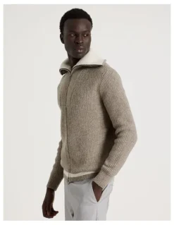 Blaq Contrast Collar Zip Through Bomber Knit in Beige