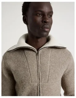 Blaq Contrast Collar Zip Through Bomber Knit in Beige