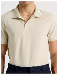 Blaq Contrast Tipping Open Collar Short Sleeve Polo in Sand