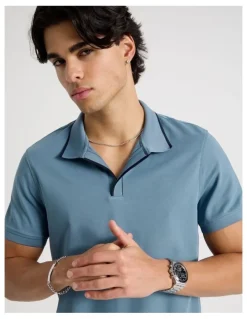 Blaq Contrast Tipping Open Collar Short Sleeve Polo in Blue