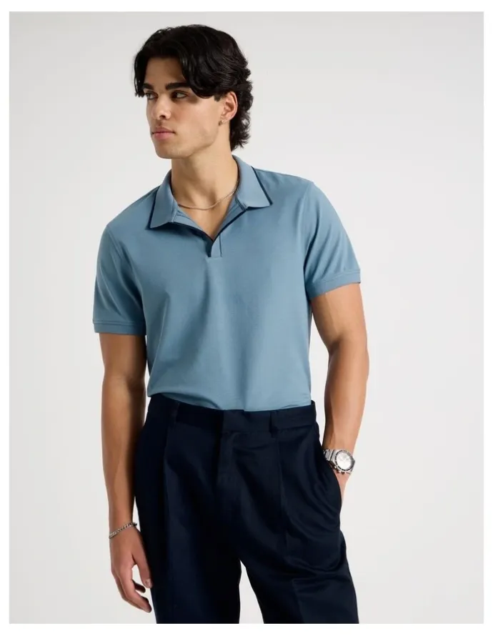 Blaq Contrast Tipping Open Collar Short Sleeve Polo in Blue