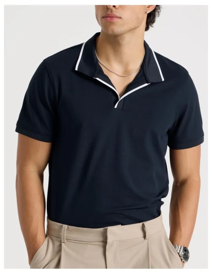 Blaq Contrast Tipping Open Collar Short Sleeve Polo in Navy