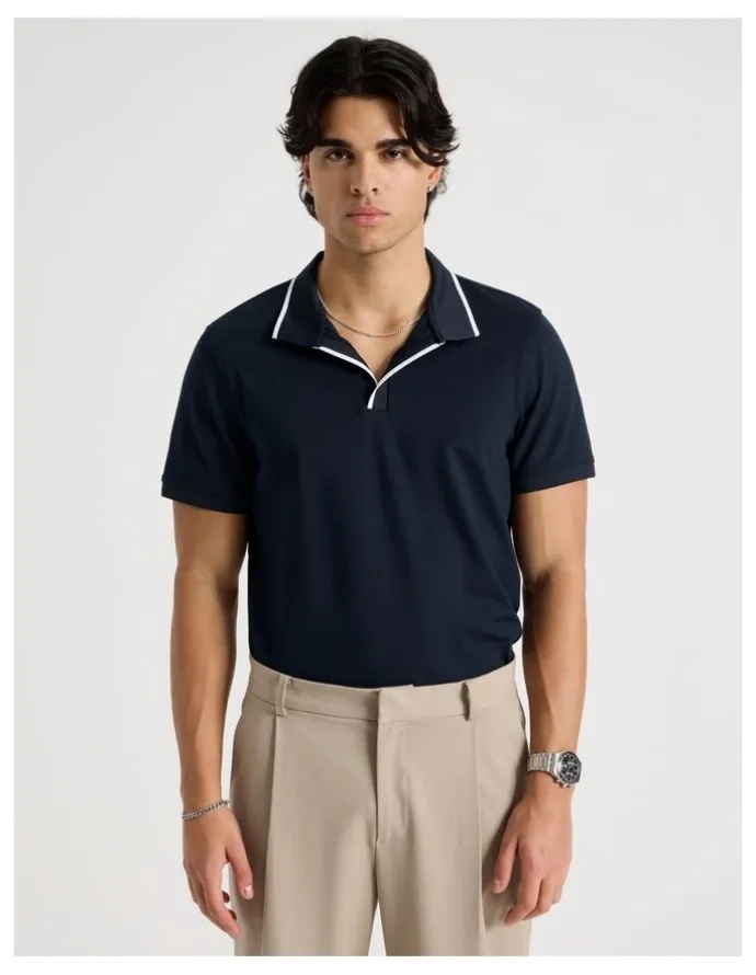 Blaq Contrast Tipping Open Collar Short Sleeve Polo in Navy
