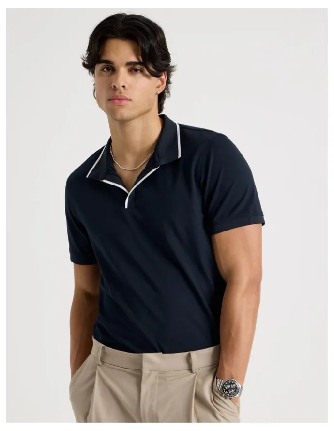 Blaq Contrast Tipping Open Collar Short Sleeve Polo in Navy
