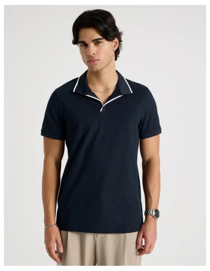 Blaq Contrast Tipping Open Collar Short Sleeve Polo in Navy
