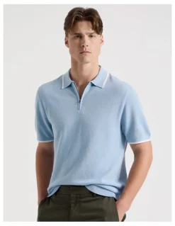 Blaq Cotton Silk Blend Zip Short Sleeve Polo in Light Blue