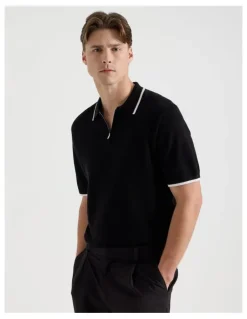 Blaq Cotton Silk Blend Zip Short Sleeve Polo in Black