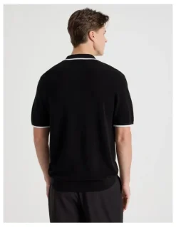 Blaq Cotton Silk Blend Zip Short Sleeve Polo in Black