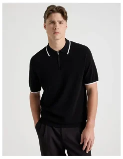 Blaq Cotton Silk Blend Zip Short Sleeve Polo in Black