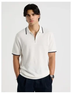 Blaq Cotton Silk Blend Zip Short Sleeve Polo in Ecru