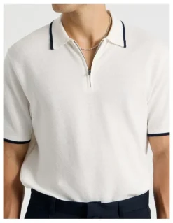 Blaq Cotton Silk Blend Zip Short Sleeve Polo in Ecru