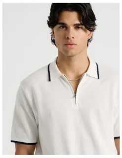 Blaq Cotton Silk Blend Zip Short Sleeve Polo in Ecru
