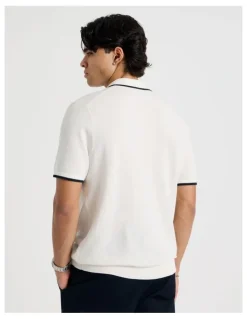 Blaq Cotton Silk Blend Zip Short Sleeve Polo in Ecru