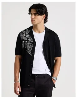 Blaq Embroidered Knit Short Sleeve Shirt in Black