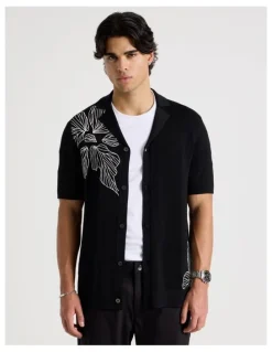 Blaq Embroidered Knit Short Sleeve Shirt in Black