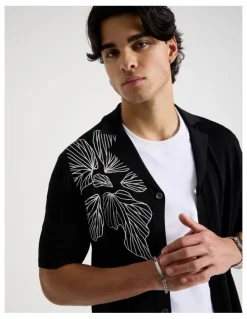 Blaq Embroidered Knit Short Sleeve Shirt in Black