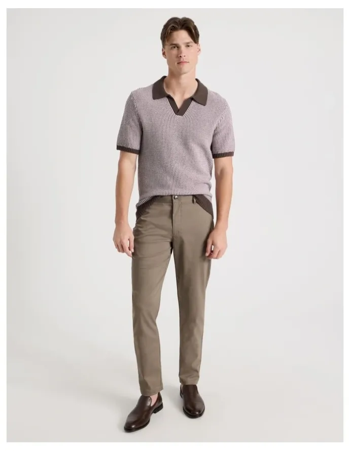 Blaq Geo Stitch Open Collar Knit Polo in Chocolate