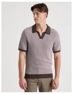 Blaq Geo Stitch Open Collar Knit Polo in Chocolate