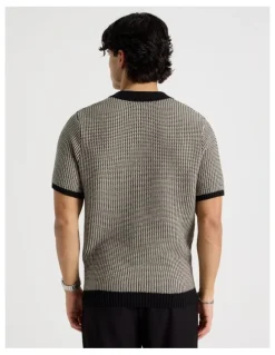 Blaq Geo Stitch Open Collar Knit Polo in Black