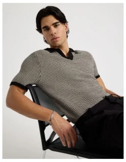 Blaq Geo Stitch Open Collar Knit Polo in Black