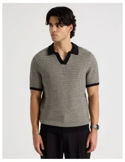 Blaq Geo Stitch Open Collar Knit Polo in Black