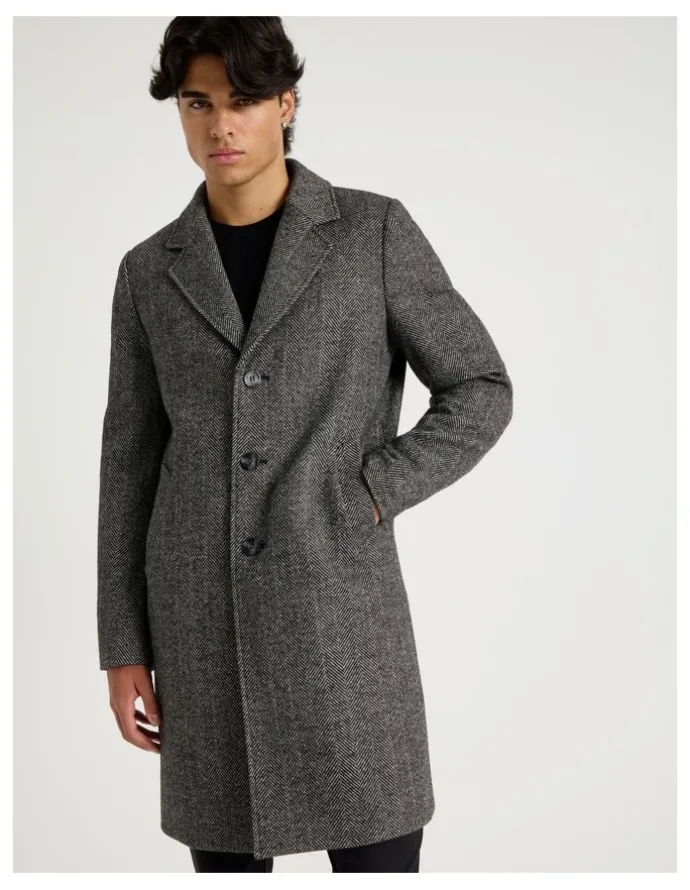 Blaq Herringbone Wool Blend Coat in Grey