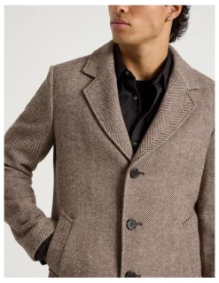 Blaq Herringbone Wool Blend Coat in Brown