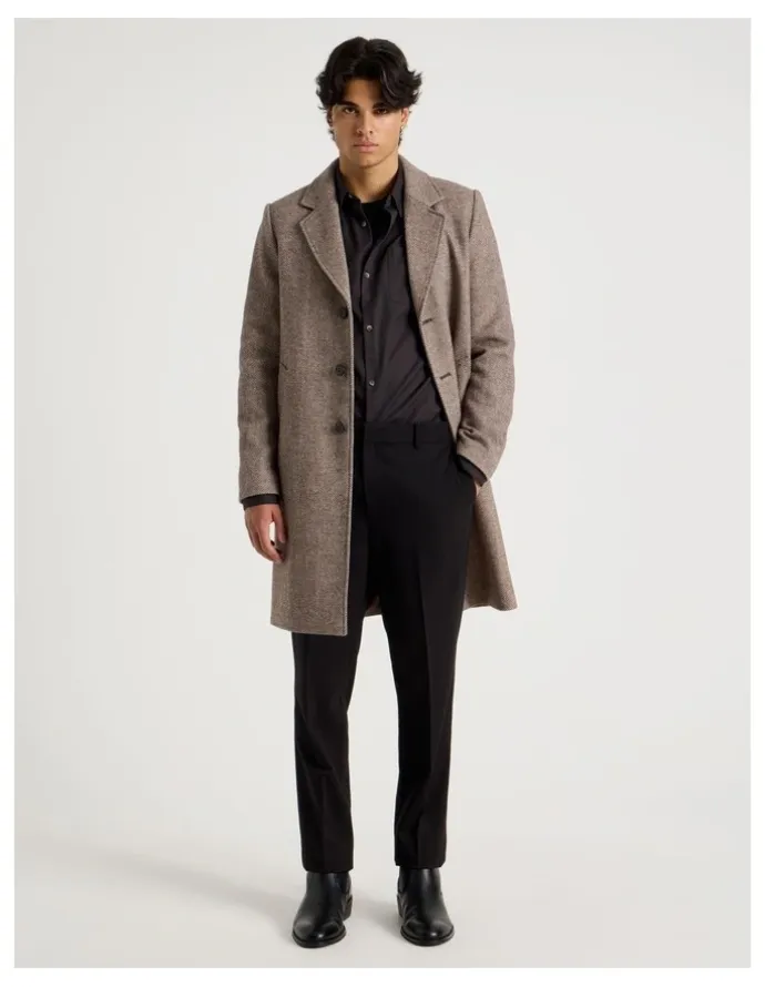 Blaq Herringbone Wool Blend Coat in Brown