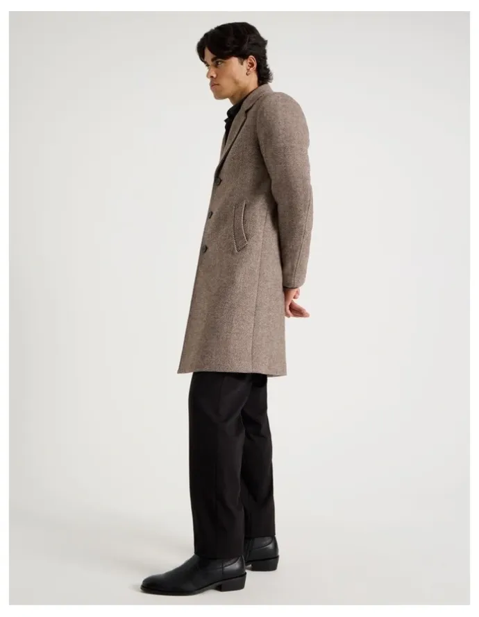 Blaq Herringbone Wool Blend Coat in Brown