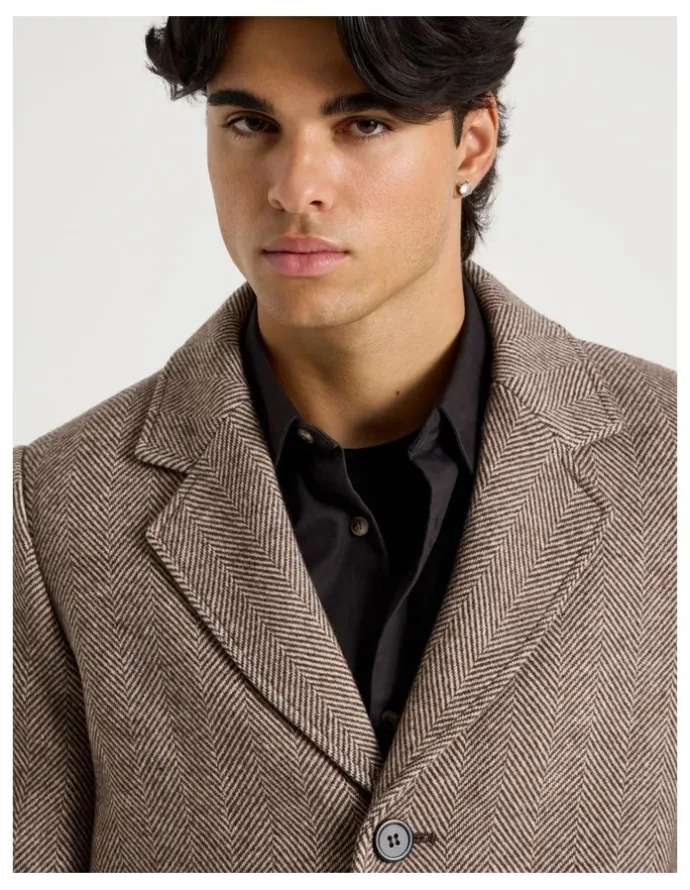 Blaq Herringbone Wool Blend Coat in Brown