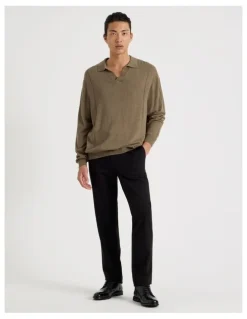 Blaq Johnny Collar Long Sleeve Knit Polo in Beige